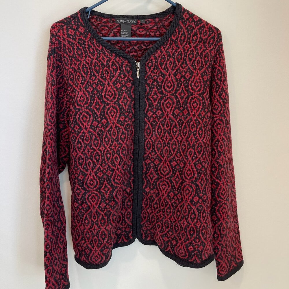 Nomadic Traders Womens Cardigan Red Zip Up Sweater Ramie‎ Cotton Nordic Size L